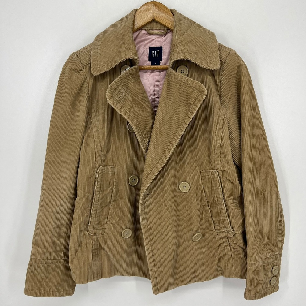 Gap Womens Tan Corduroy Double Breasted Peacoat Jacket Pink Lining Small Vtg 90s